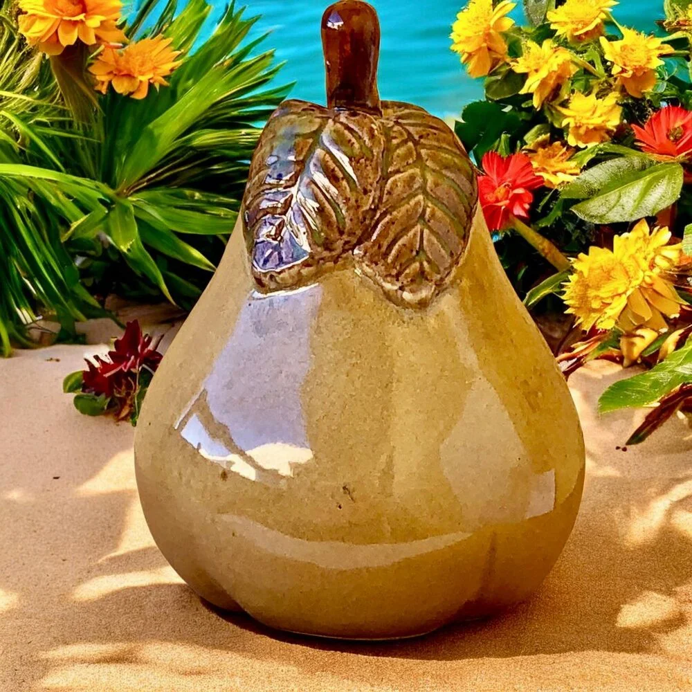 Ceramic Pear Fruit With Leaf Stem Decorative Figurine 7.6